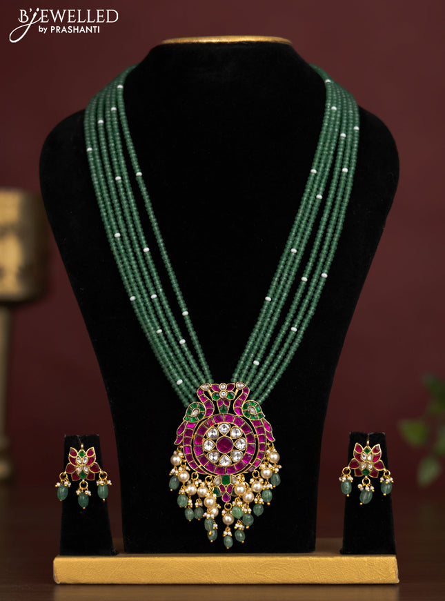Antique beaded green necklace double peacock pendant with jadau kundan stones and pearl & beads hangings