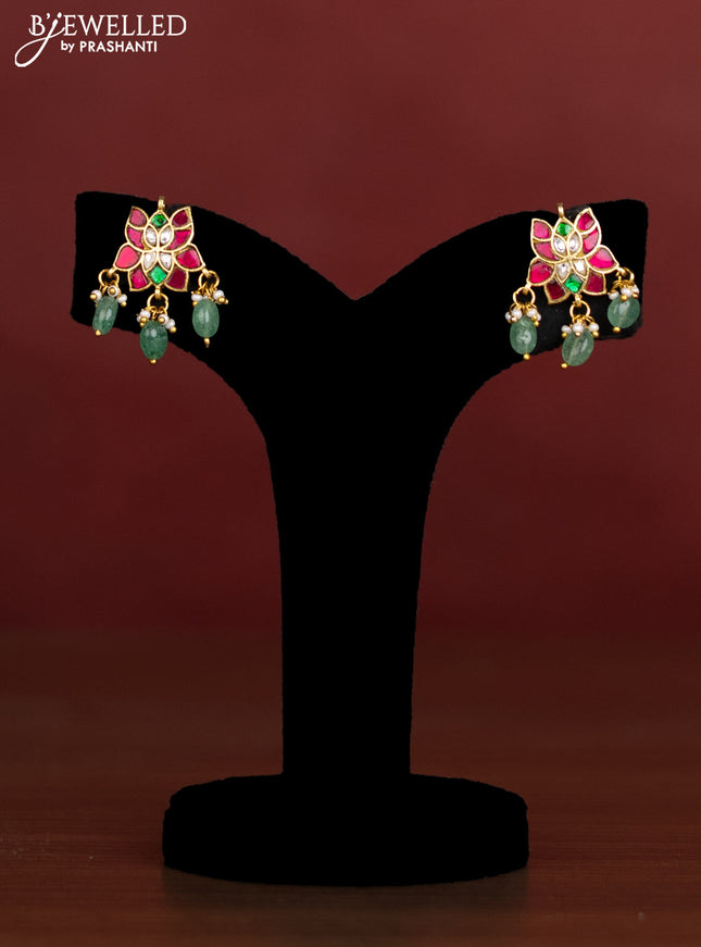 Antique beaded green necklace double peacock pendant with jadau kundan stones and pearl & beads hangings