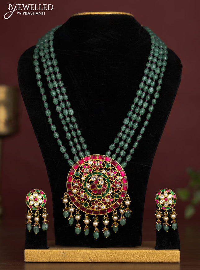 Antique beaded green necklace peacock pendant with jadau kundan stones and pearl & beads hangings