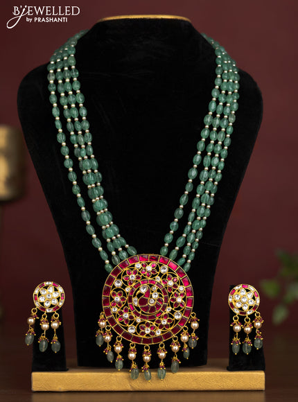 Antique beaded green necklace peacock pendant with jadau kundan stones and pearl & beads hangings