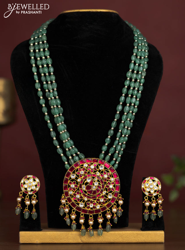 Antique beaded green necklace peacock pendant with jadau kundan stones and pearl & beads hangings