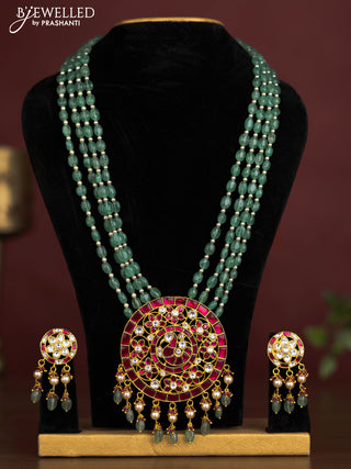 Antique beaded green necklace peacock pendant with jadau kundan stones and pearl & beads hangings