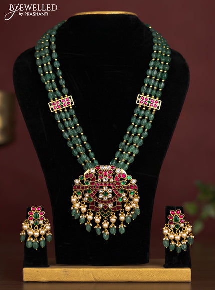 Antique beaded green necklace double peacock pendant with jadau kundan stones and pearl & beads hangings
