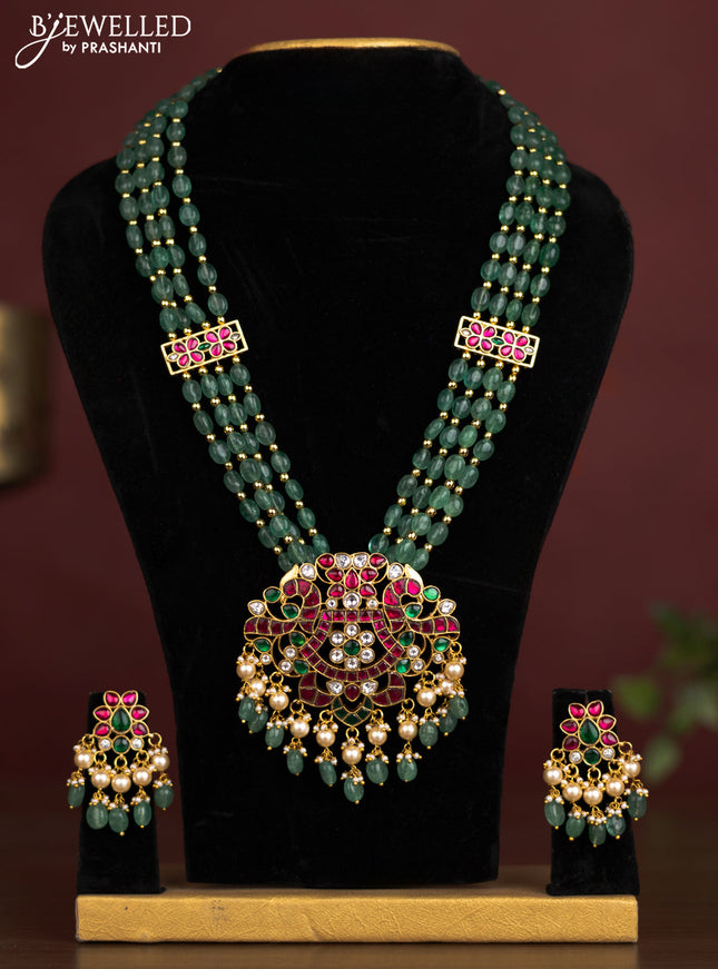 Antique beaded green necklace double peacock pendant with jadau kundan stones and pearl & beads hangings