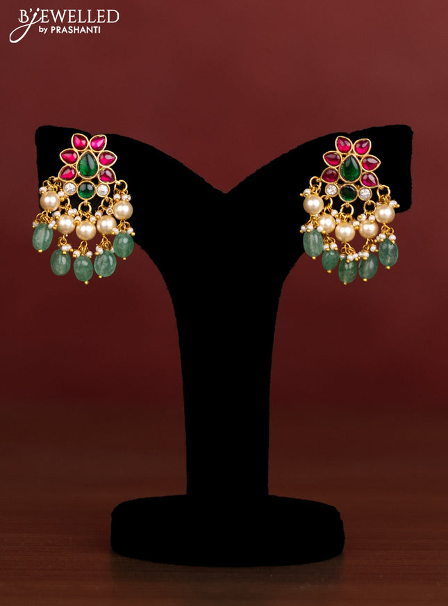 Antique beaded green necklace double peacock pendant with jadau kundan stones and pearl & beads hangings