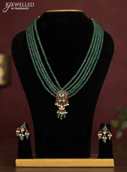 Antique beaded green necklace floral pendant with jadau kundan stones and pearl & beads hangings