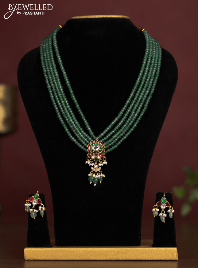 Antique beaded green necklace floral pendant with jadau kundan stones and pearl & beads hangings