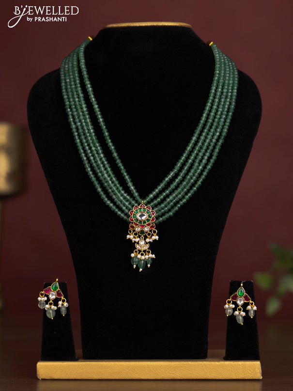 Antique beaded green necklace floral pendant with jadau kundan stones and pearl & beads hangings
