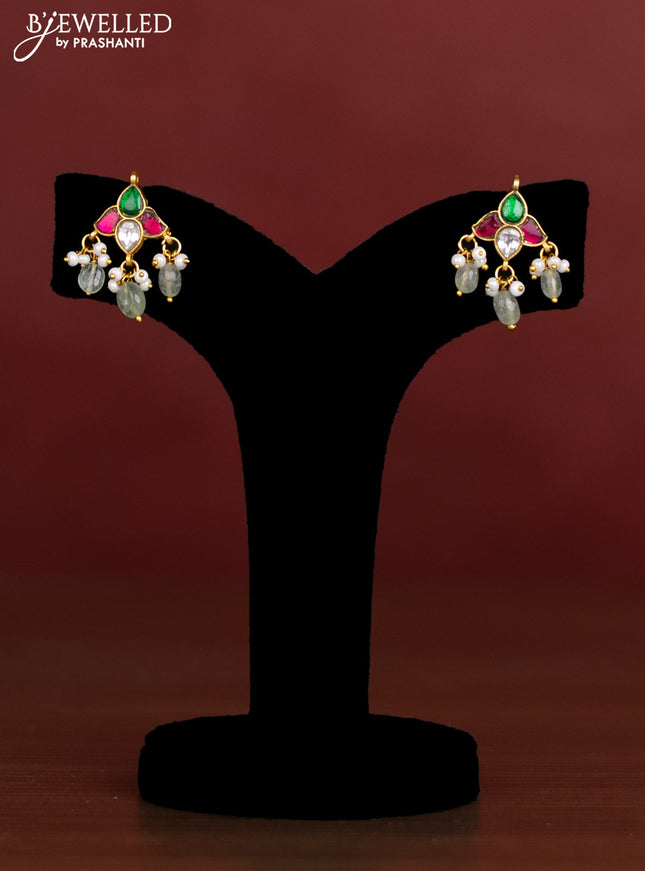 Antique beaded green necklace floral pendant with jadau kundan stones and pearl & beads hangings