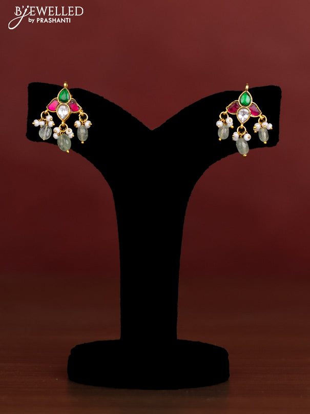 Antique beaded green necklace floral pendant with jadau kundan stones and pearl & beads hangings