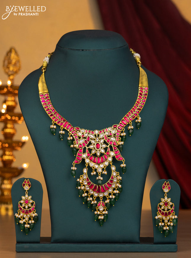 Jadau necklace floral design with jadau kundan stone and green beads & pearl hangings