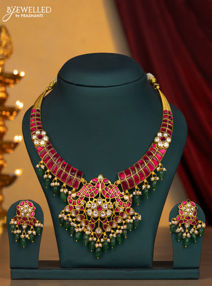 Jadau necklace double peacock  floral design with jadau kundan stone and green beads & pearl hangings