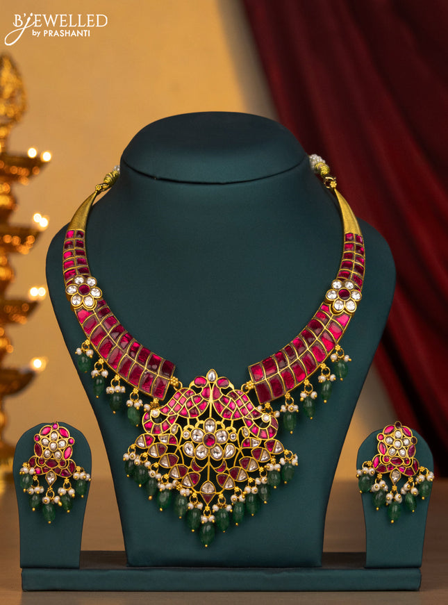 Jadau necklace double peacock  floral design with jadau kundan stone and green beads & pearl hangings
