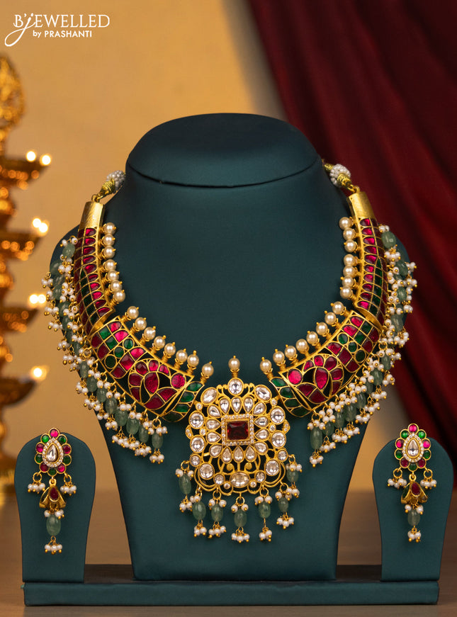 Jadau necklace floral design with jadau kundan stone and green beads & pearl hangings