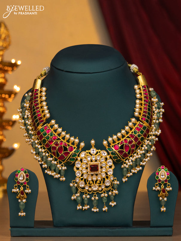 Jadau necklace floral design with jadau kundan stone and green beads & pearl hangings