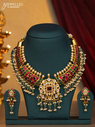 Jadau necklace floral design with jadau kundan stone and green beads & pearl hangings