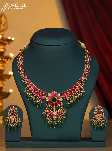 Jadau necklace floral design with jadau kundan stone and green beads & pearl hangings
