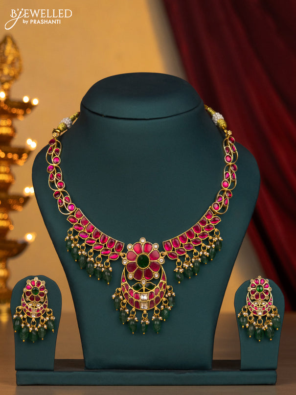 Jadau necklace floral design with jadau kundan stone and green beads & pearl hangings