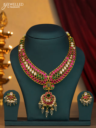 Jadau necklace floral design with jadau kundan stone and green beads & pearl hangings