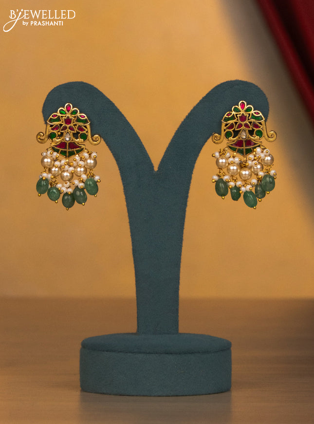 Jadau multilayer mint green beaded necklace with jadau kundan stones green beads and pearl hangings