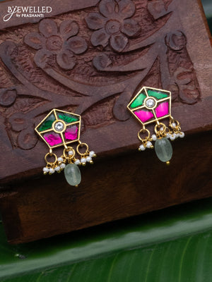 Jadau earrings with jadau kundan stones and pearl & mint green beads hanging