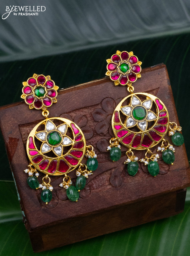 Jadau earrings chandbali & floral design with jadau kundan stones and pearl & green beads hanging