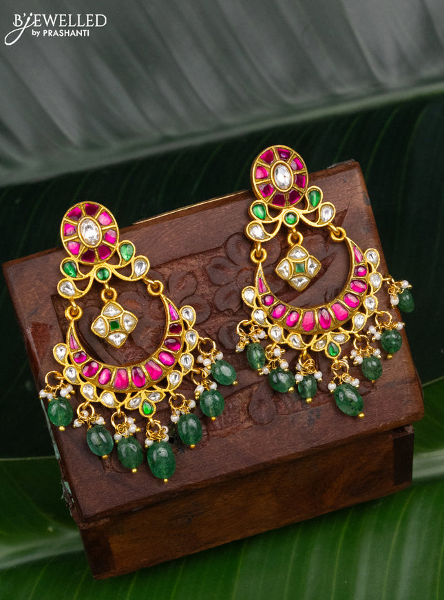 Jadau earrings chandbali design with jadau kundan stones and pearl & green beads hanging