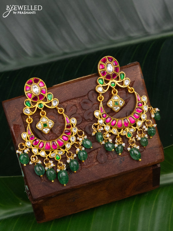 Jadau earrings chandbali design with jadau kundan stones and pearl & green beads hanging