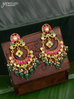 Jadau earrings chandbali design with jadau kundan stones and pearl & green beads hanging