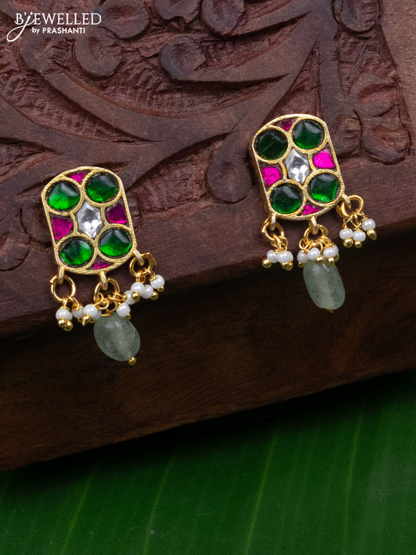 Jadau earrings with jadau kundan stones and pearl & mint green beads hanging