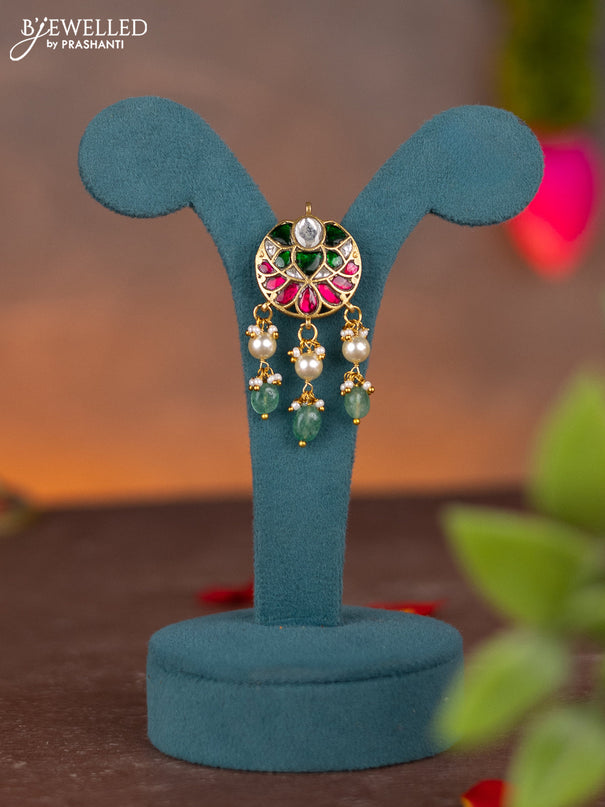 Jadau pendant with jadau kundan stones and pearl & green beads hanging