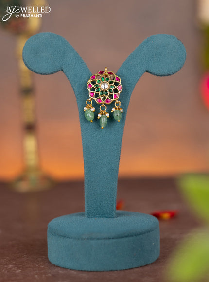 Jadau pendant with jadau kundan stones and pearl & green beads hanging