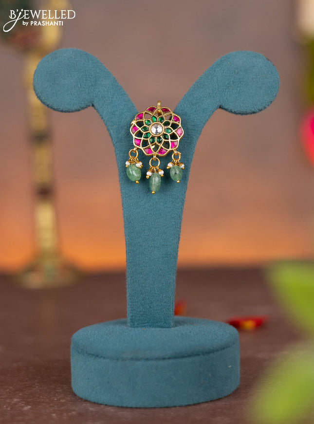 Jadau pendant with jadau kundan stones and pearl & green beads hanging