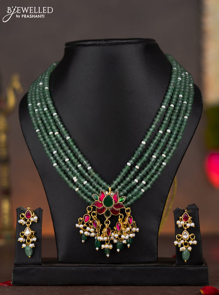 Jadau beaded necklace lotus pendant with jadau stones and pearl & green beads hanging