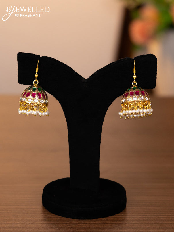 Jadau hanging type jhumkas with kemp jadau & kundan stones and pearl hangings