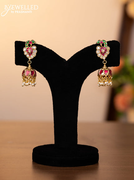 Jadau screw type jhumkas peacock design with kemp jadau & kundan stones and pearl hangings