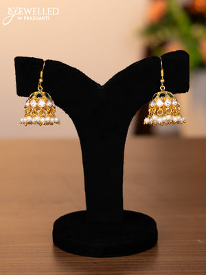 Jadau hanging type jhumkas with green jadau & kundan stones and pearl hangings