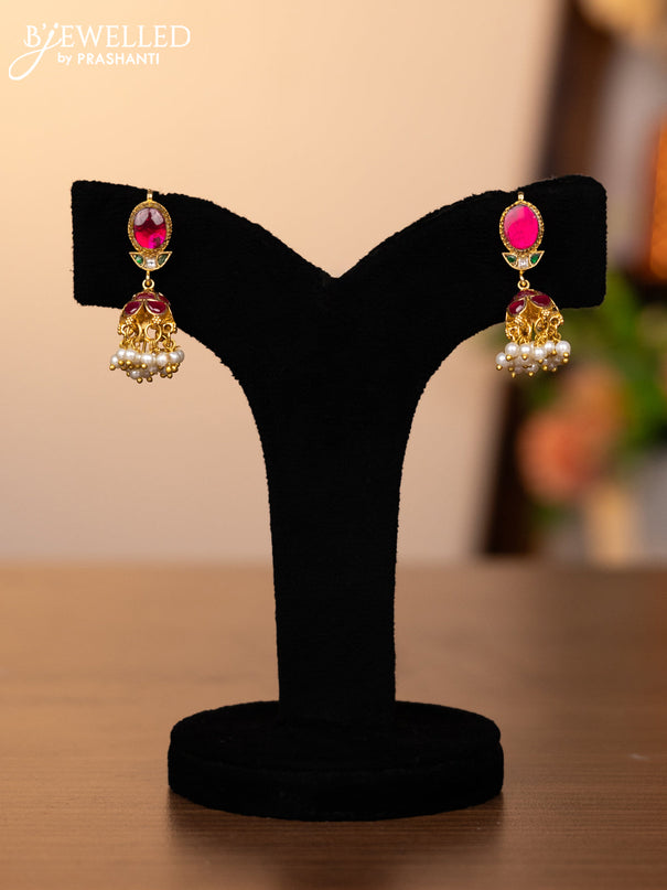 Jadau screw type jhumkas with kemp jadau & kundan stones and pearl hangings