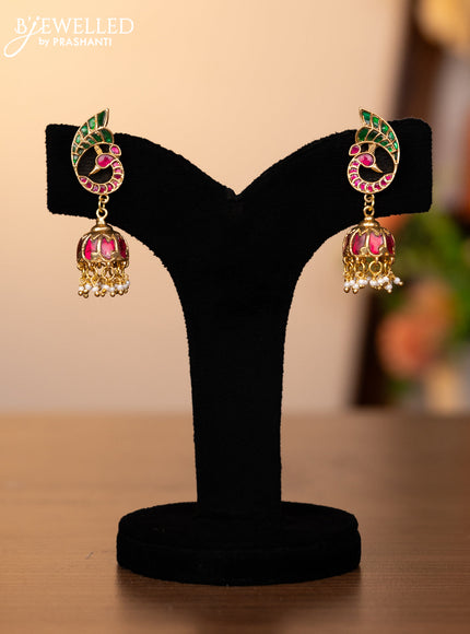 Jadau screw type jhumkas peacock design with kemp jadau & kundan stones and pearl hangings