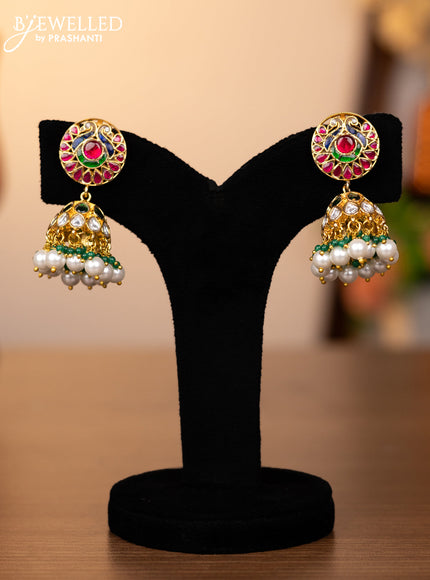 Jadau screw type jhumkas with kemp jadau & kundan stones and pearl hangings