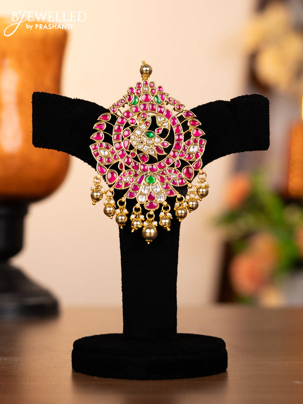 Jadau pendant set peacock design with kemp jadau kundan stones and golden beads hangings