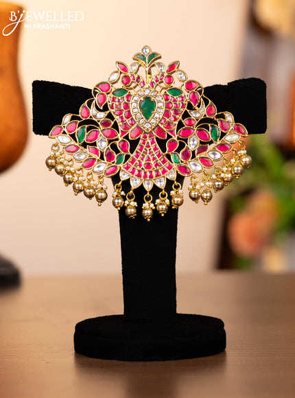 Jadau pendant set double peacock design with kemp jadau kundan stones and golden beads hangings