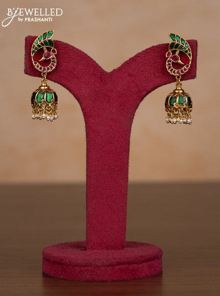 Jadau jhumka peacock design with kemp jadau stones and pearl hangings