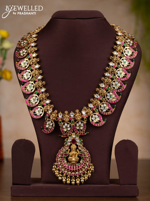 Jadau haaram detachable pendant lakshmi & manga design with kemp jadau kundan stones and golden beads hangings