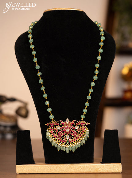 Antique beaded green necklace double peacock pendant with jadau kundan stones and pearl & beads hanging without earrings