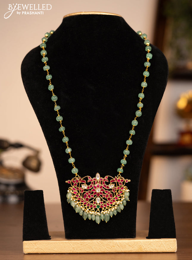Antique beaded green necklace double peacock pendant with jadau kundan stones and pearl & beads hanging without earrings