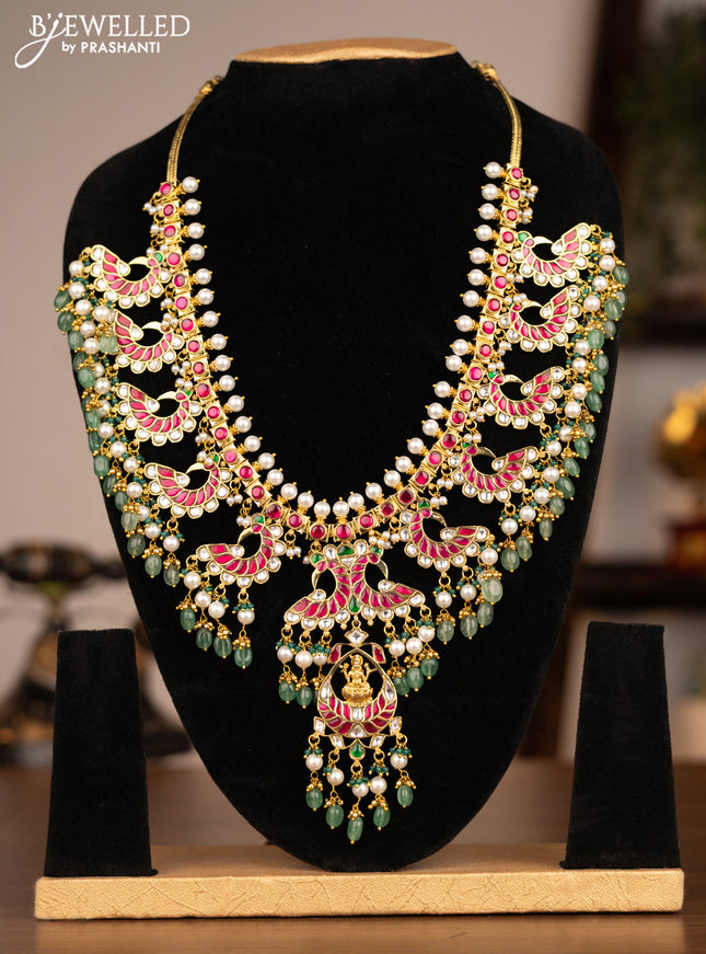 Antique necklace lakshmi & peacock design with jadau kundan stones and pearl & beads hanging without earrings
