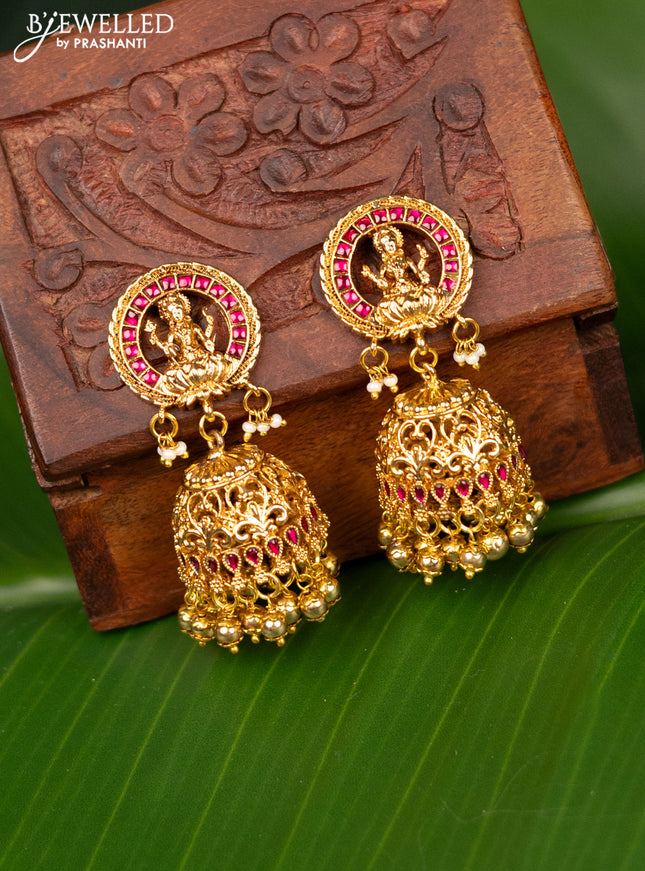 Antique screw type jhumka lakshmi design with pink jadau stones and golden beads hanging