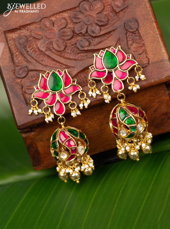 Antique screw type jhumka lotus design with jadau stones and pearl & golden beads hanging