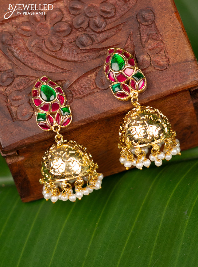 Antique screw type jhumka manga design with jadau stones and pearl hangings